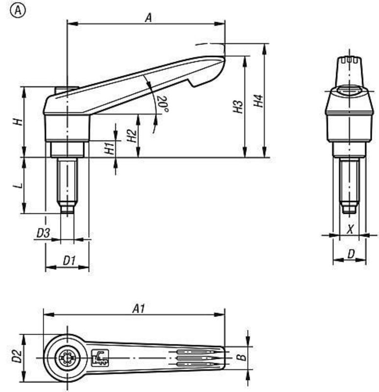 Klemmhebel KIPP, K0780, Aussengewinde, Form A | BRW-CH